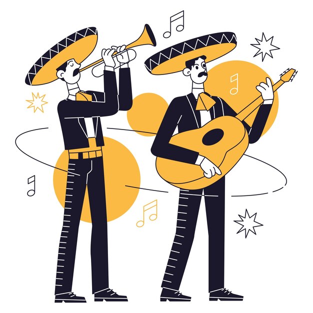 Par aislado de personajes masculinos tocando el concepto de música de mariachi vector