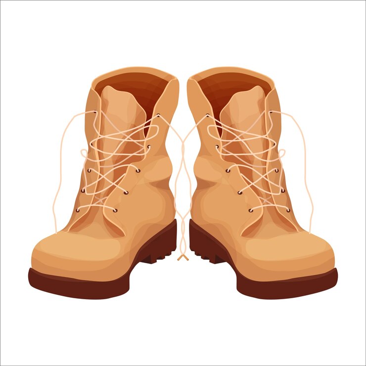 Vector par de botas militares, zapatos de viaje de montaña en estilo de dibujos animados