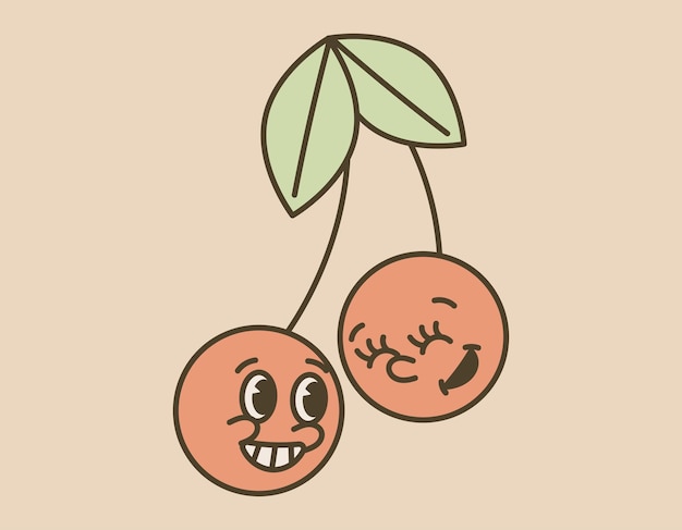 Par de cerezas divertidas en una rama en el viejo estilo de dibujos animados Vector aislado retro ranura ilustración de personaje alegre