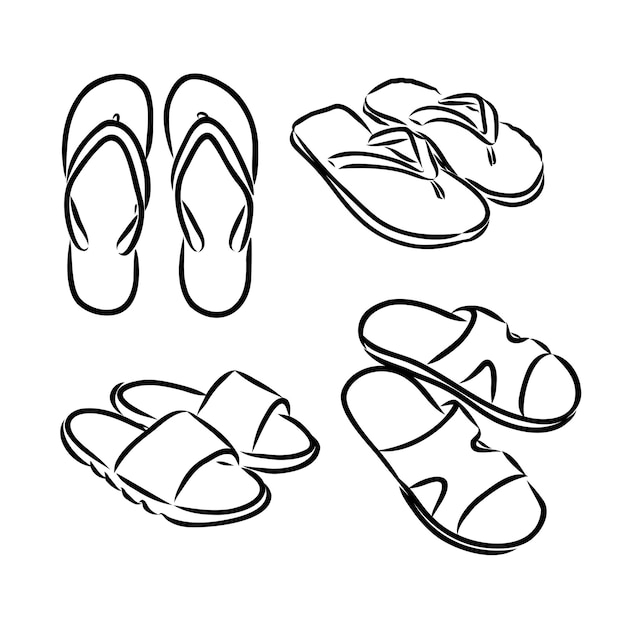 Par de chanclas verano vacaciones atributo zapatillas zapatos boceto estilo vector blanco y negro