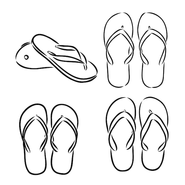 Par de chanclas verano vacaciones atributo zapatillas zapatos boceto estilo vector blanco y negro