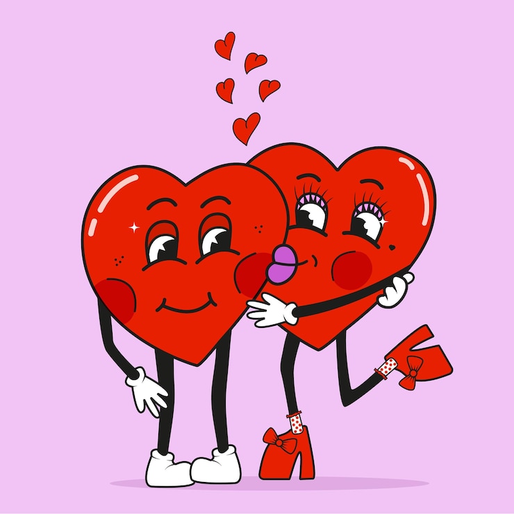 Vector un par de corazones enamorados al estilo retro