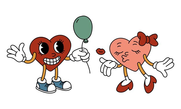 un par de corazones retro aislados de un niño y una niña están caminando el uno hacia el otro personajes en forma de corazón
