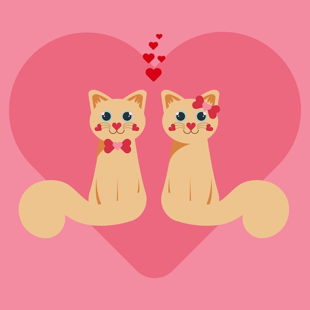 Un par de dos gatos enamorados en un gran fondo de corazón rosa para el día de san valentín ilustraciones de vectores de personajes de dibujos animados lindos en estilo plano