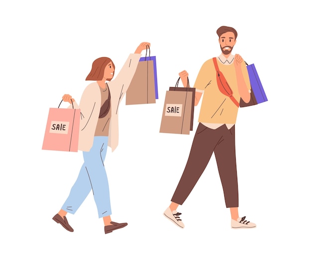 Un par de felices hombres y mujeres modernos caminando juntos con bolsas de compras. Jóvenes sonrientes llevando compras a la venta. Ilustración de vector gráfico plano coloreado aislado sobre fondo blanco.