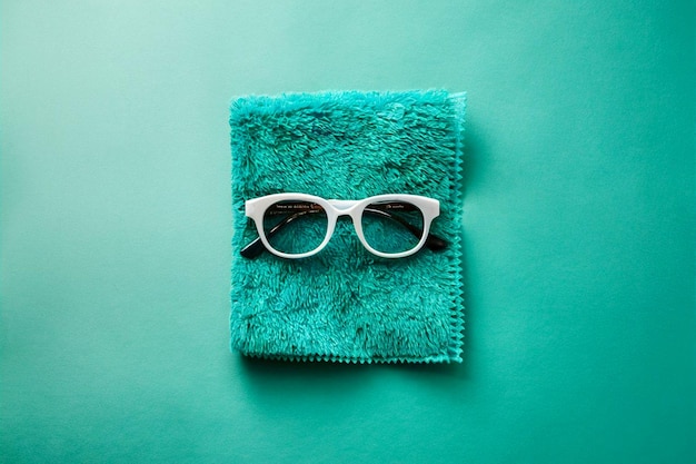 un par de gafas están en una toalla azul con un fondo verde