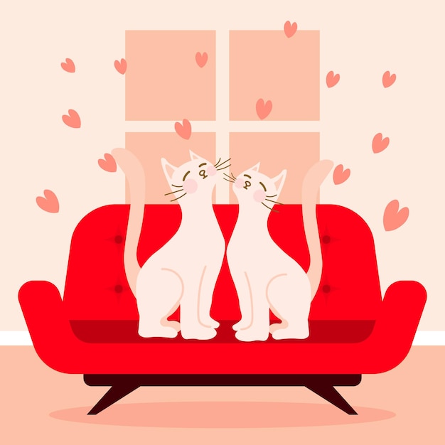 Vector un par de gatos blancos enamorados en un sofá rojo sobre un fondo abstracto rosa con corazones