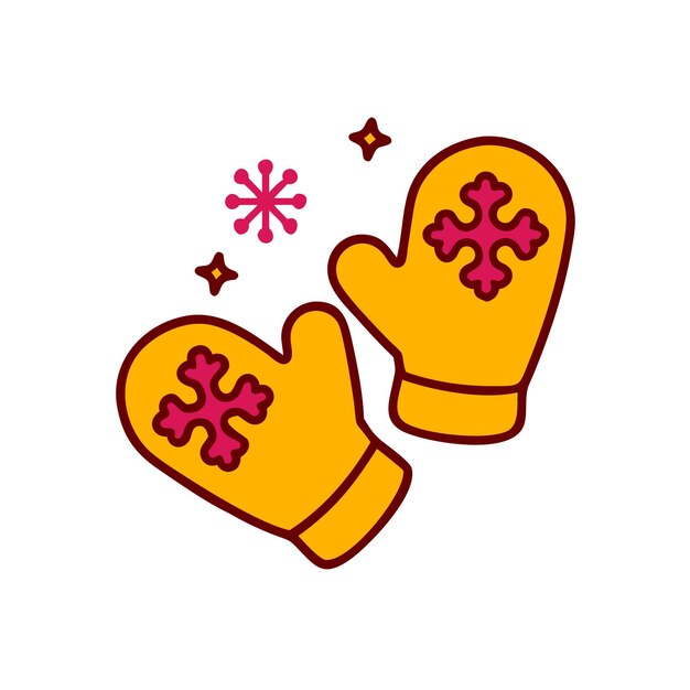 Un par de guantes amarillos de invierno con decoraciones de copos de nieve rojos