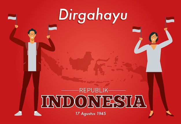 Un par de hombres y mujeres indonesios vestidos de rojo y blanco sostienen la bandera indonesia