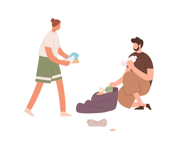 Un par de hombres y mujeres recogiendo y recogiendo basura plástica en una bolsa de basura. Voluntarios limpiando el ambiente contaminado de la basura. Ilustración de vector plano coloreado aislado sobre fondo blanco.