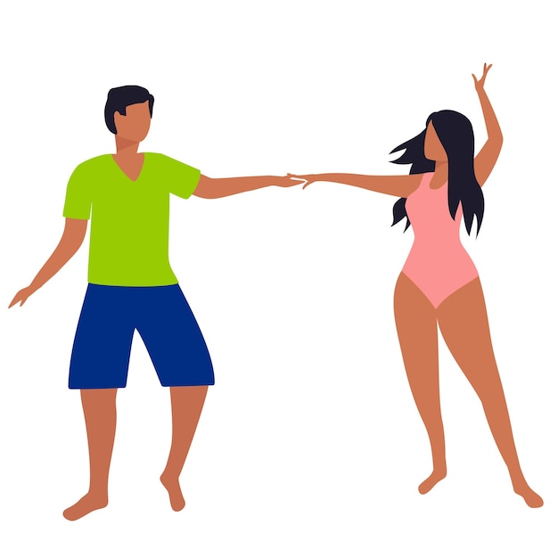 Un par de humanos bailando aislados. Bailando en la playa. Hombre con mujer en bikini. ilustración vectorial