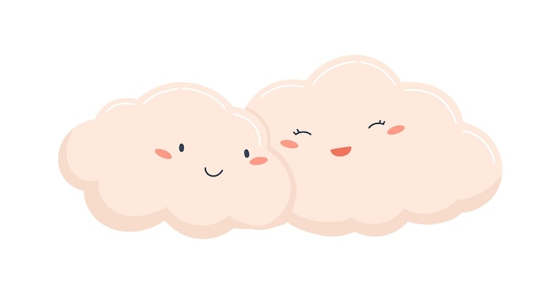 Un par de lindas y divertidas nubes rosadas juntas. clima nublado. personajes dulces de bebé con caras felices. ilustración vectorial plana de color infantil aislada sobre fondo blanco.