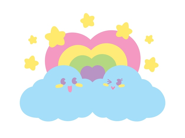 Vector un par de lindo kawaii nube con corazón arco iris dibujado a mano ilustración vectorial
