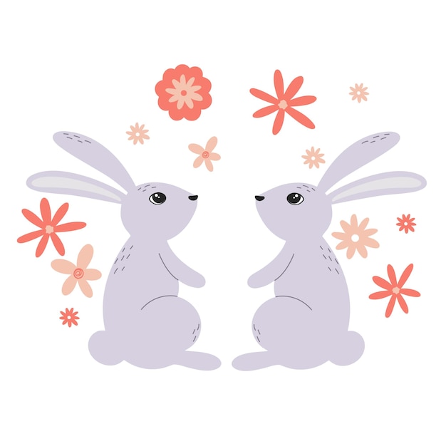 Par de lindos conejos clip art divertidos conejitos con flores diseño de bebé más lindo para impresión de imagen