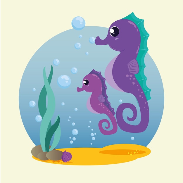 Par de lindos personajes de caballitos de mar Sealife Vector