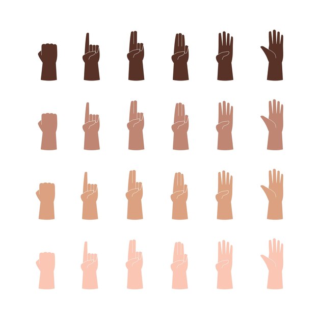 Un par de manos de diferentes colores de piel que muestran de cero a cinco dedos Ilustración vectorial