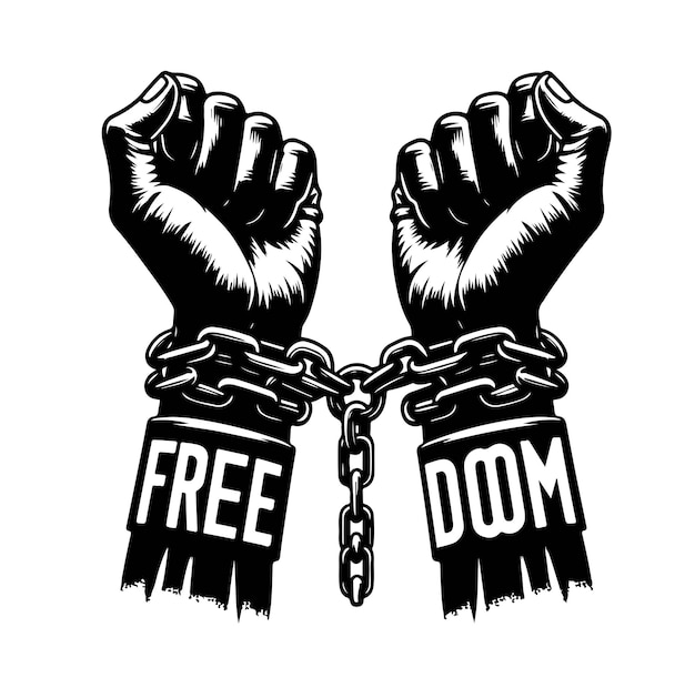 Un par de manos encadenadas a una cadena con las palabras de texto libertad un par de manos en esposas mano