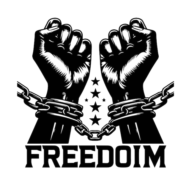 Un par de manos encadenadas a una cadena con las palabras de texto libertad un par de manos en esposas mano