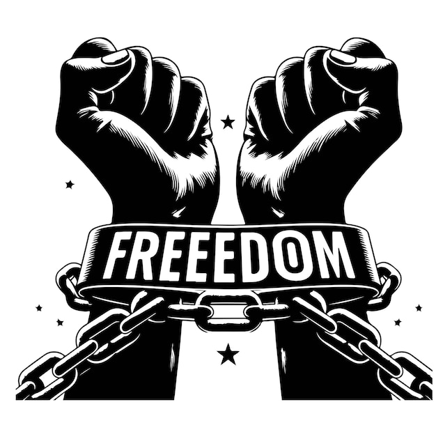 Un par de manos encadenadas a una cadena con las palabras de texto libertad un par de manos en esposas mano