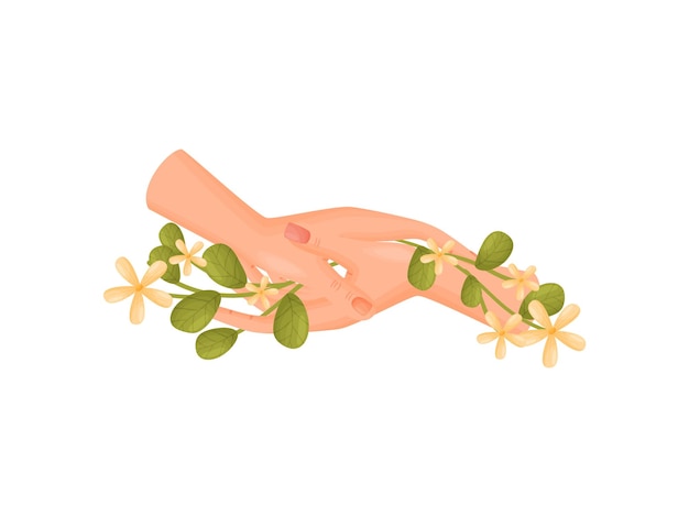 Par de manos sosteniendo tallos con flores y hojas de color beige primer plano Ilustración vectorial sobre fondo blanco