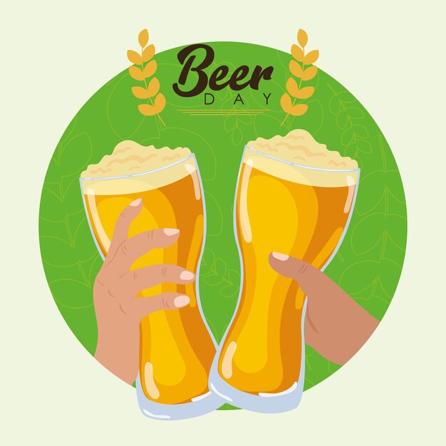 Par de manos sosteniendo vasos de cerveza con espuma Ilustración vectorial
