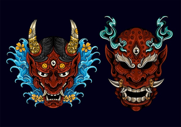 Vector un par de máscaras de demonio con un fondo azul.