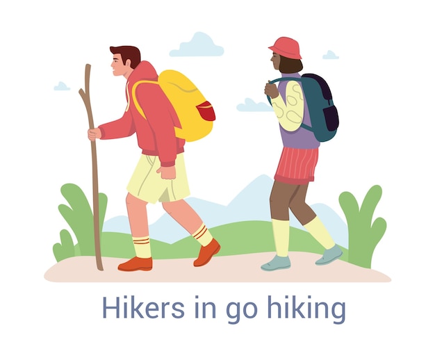 Un par de mochileros de vacaciones que van de excursión al campo disfrutando de las caminatas en la naturaleza en.
