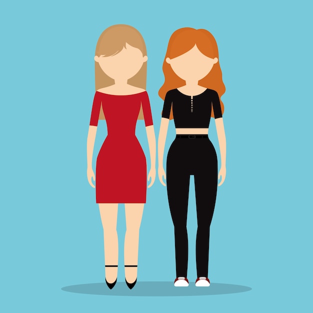 par de mujeres icono de dibujos animados