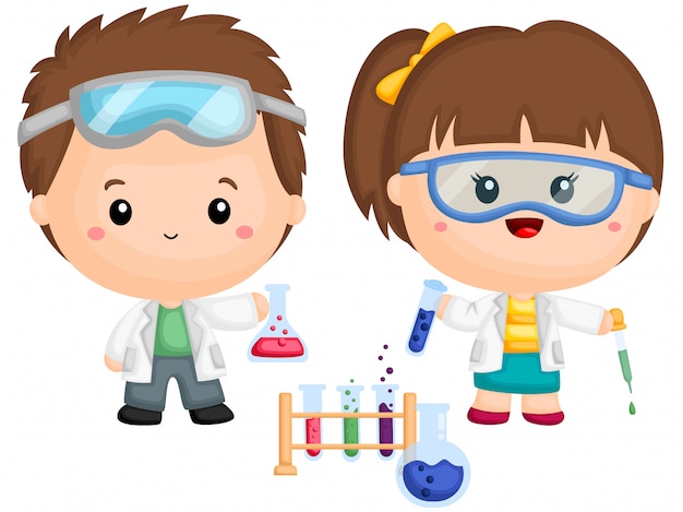 Un par de niños haciendo experimento de química