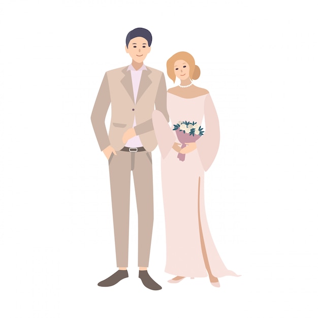 Par de novios juntos. Joven lindo y una mujer vestida con ropa de boda antigua o retro