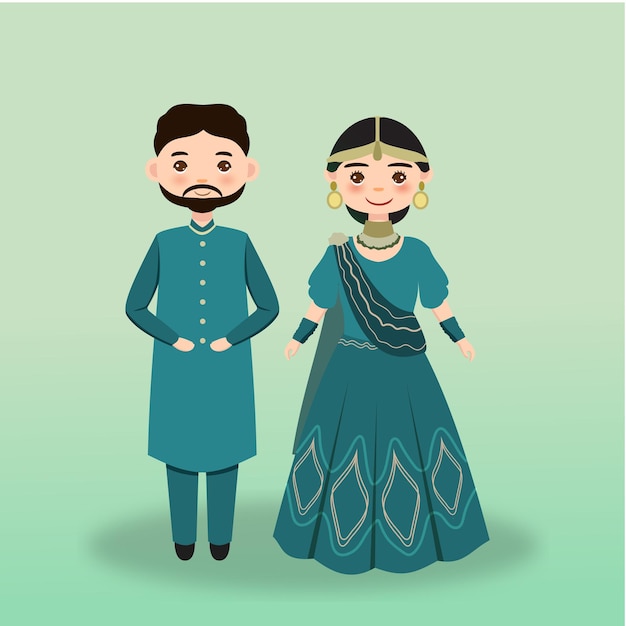 Par de personajes de dibujos animados en traje tradicional de la India