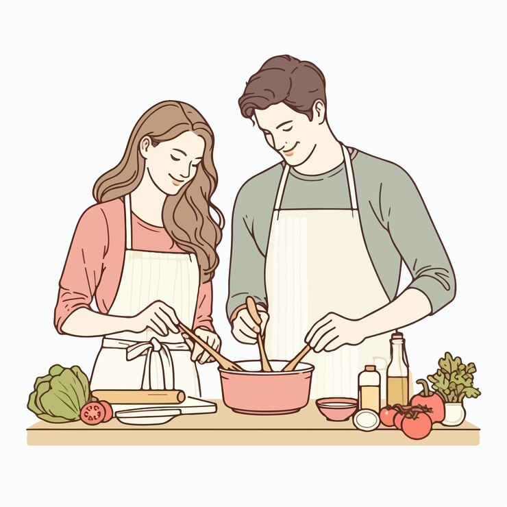 Vector un par de personajes están cocinando en un estilo de arte de línea plana simple