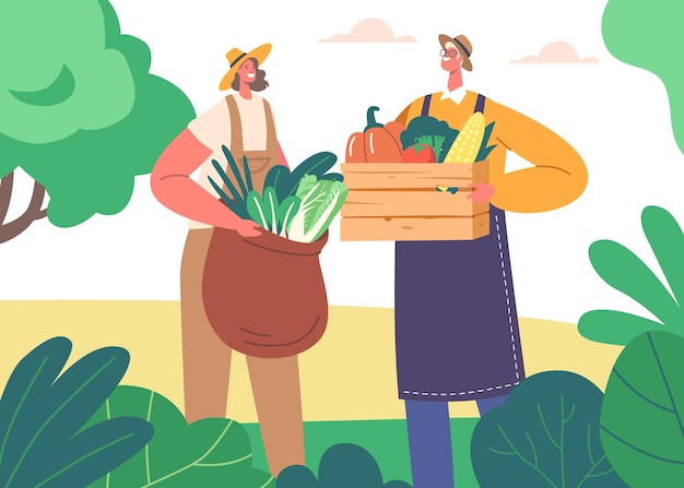 Vector un par de personajes de granjeros de pie en un campo exuberante con cultivos de verduras frescas y vegetales en manos concepto de trabajo duro