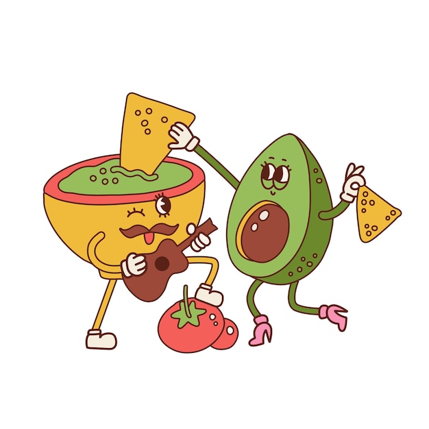 Vector un par de personajes de guacamole y aguacate comiendo nachos nacho se sumergen en un tazón mascota tocando la guitarra concepto de dibujos animados retro de comida mexicana ilustración de vector de dibujos animados de serenata latinoamericana de los años 40