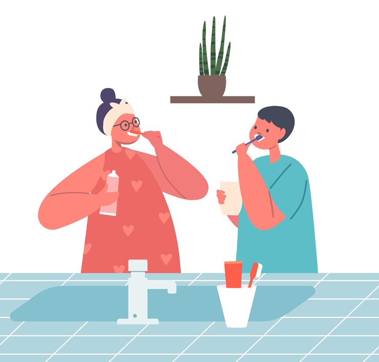 Vector un par de personajes infantiles procedimiento de higiene matutina niño y niña cepillarse los dientes después del baño o la ducha en el baño