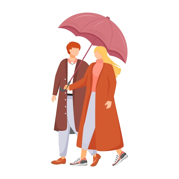 Par de personajes sin rostro de color plano. clima lluvioso. día húmedo de otoño. hombre y mujer con paraguas. familia caminando en abrigos aislados ilustración de dibujos animados sobre fondo blanco.