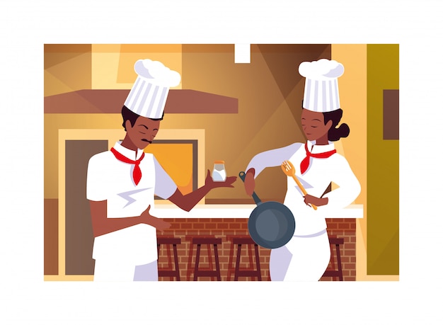 Un par de personas cocinando, un par de chef con uniforme blanco