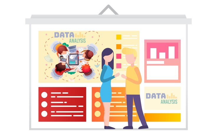 Vector un par de personas en la organización están discutiendo los principios del análisis de datos de producción los especialistas en marketing se comunican mientras trabajan en el fondo de gráficos y tablas concepto de análisis de datos