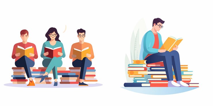 Vector un par de personas sentadas en una pila de libros