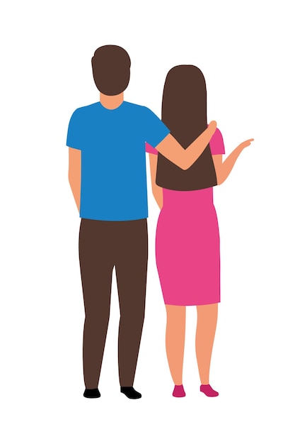 Par de pie juntos personajes vectoriales de color semi plano. Gente de cuerpo entero en blanco. Esposo que apoya a la esposa aisló la ilustración moderna del estilo de la historieta para el diseño gráfico y la animación