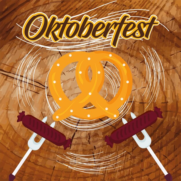 Vector par de salchichas alemanas y un cartel de oktoberfest de pretzel ilustración vectorial