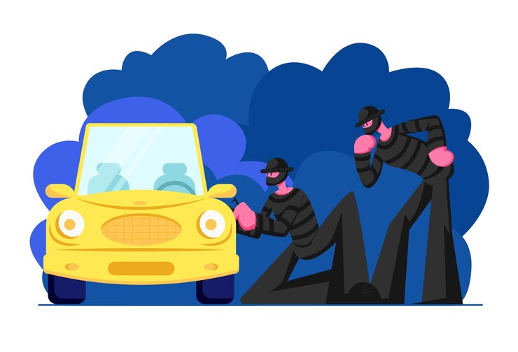 Vector par de secuestradores enmascarados vistiendo ropa negra de pie junto al coche e intentando entrar en él