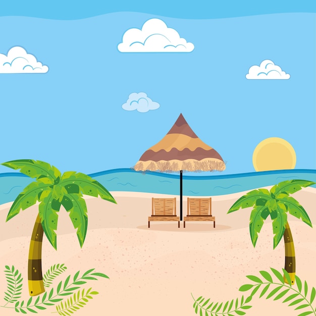 Vector par de sillas con sombrilla en la playa paisaje de viajes de vacaciones de verano ilustración vectorial