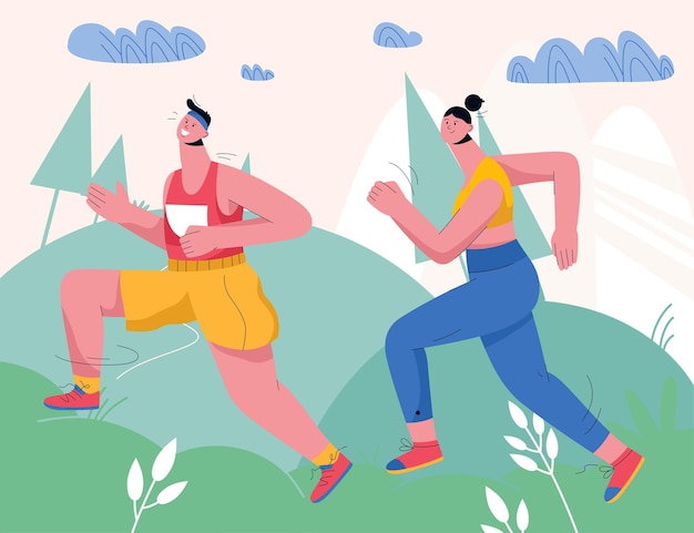 Par trotar en el parque o el bosque de la ciudad. Corredores en uniforme deportivo corriendo en el paisaje de la naturaleza. Hombre y mujer vestidos con ropa deportiva entrenando al aire libre.