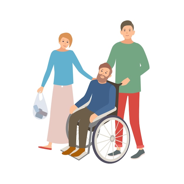Par de voluntarios masculinos y femeninos que ayudan a la persona discapacitada. Adolescente y niña ayudando a hombre en silla de ruedas. Asistencia y cuidados sociales voluntarios. Ilustración de vector colorido en estilo de dibujos animados plana