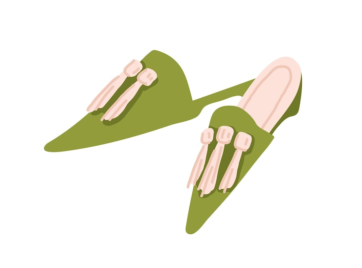 Vector par de zapatillas de punta estrecha para mujer aisladas en blanco. zapatos de casa sin espalda con borlas. calzado femenino elegante. ilustración de vector plano coloreado de diapositivas con estilo de moda con flecos.