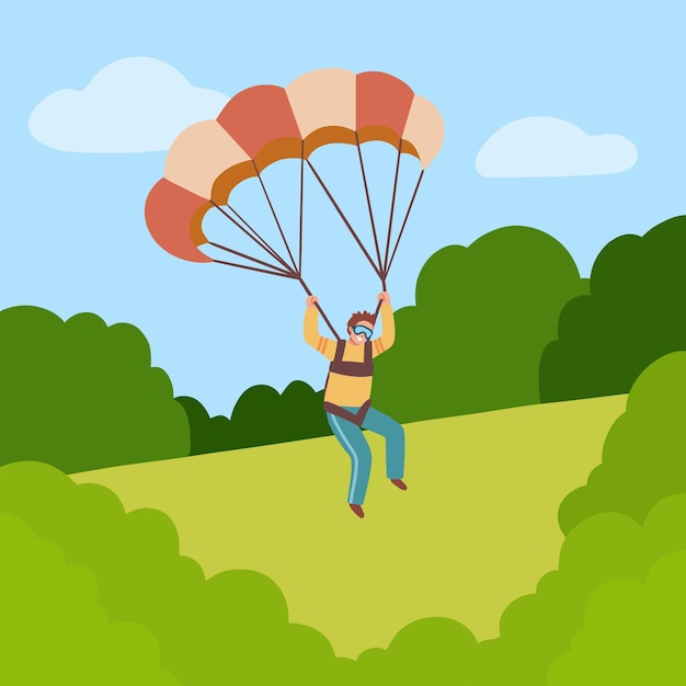 Vector paracaidista aterrizando en la ilustración de vector de tierra de campo en estilo de dibujos animados plana.