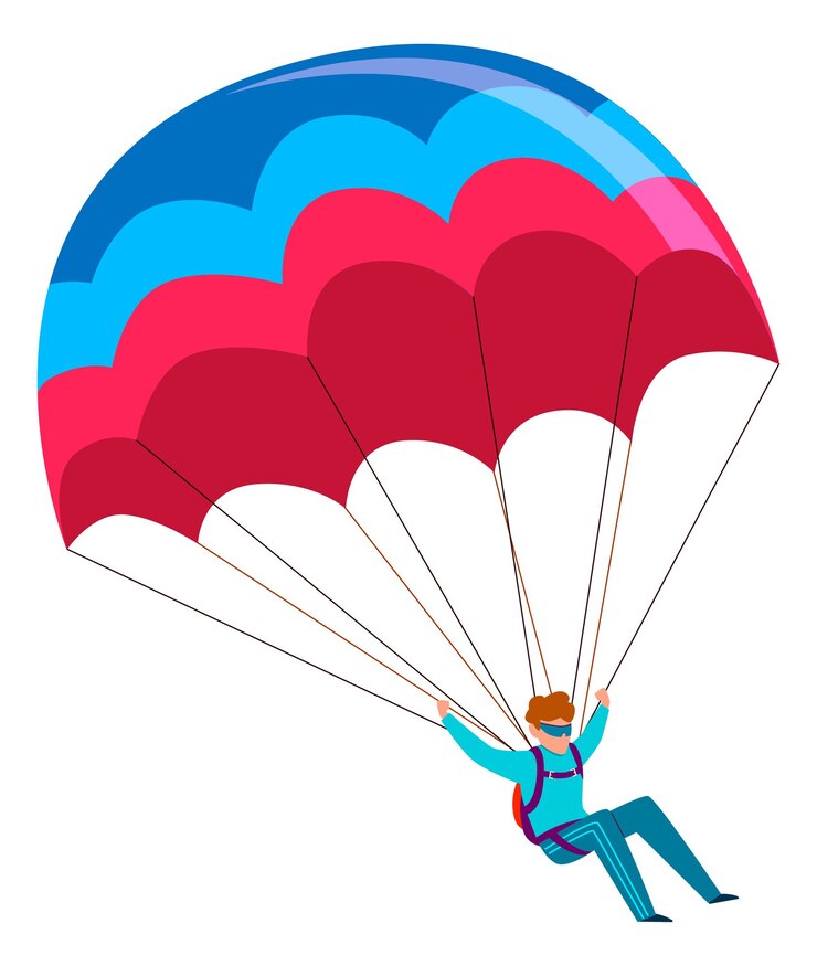 Vector paracaidista hombre con paracaídas abierto volando en el cielo caída de avión deporte o pasatiempo extremadamente peligroso paracaidismo profesional y paracaidismo ilustración de vector aislado plano de dibujos animados