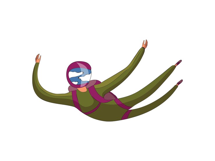 Vector paracaidista vuela con traje verde y casco morado vista frontal las nubes se reflejan en las gafas ilustración vectorial sobre fondo blanco