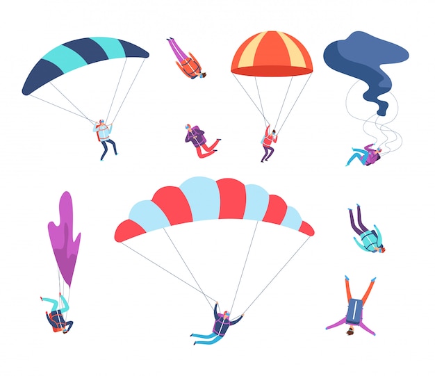 Paracaidistas conjunto. Gente saltando con paracaídas. Deportes peligrosos saltadores del cielo, paracaidistas personajes de vectores de dibujos animados